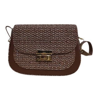 Pochette femme élégante en tissu tressé marron avec fermoir doré